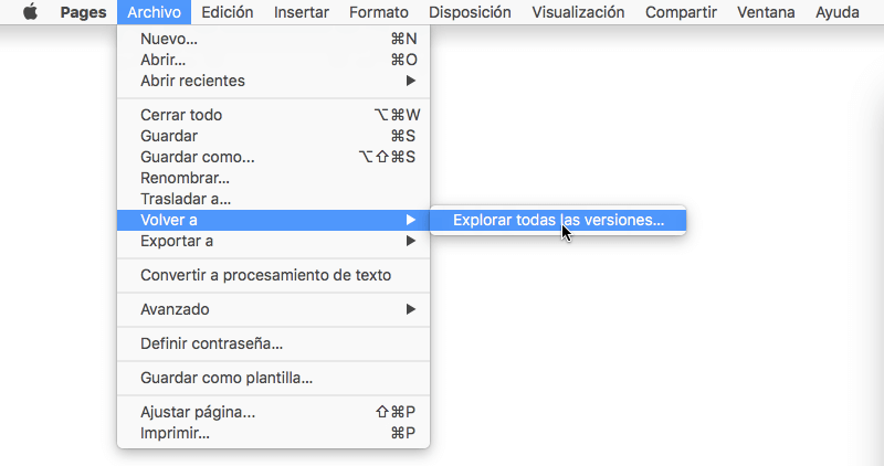explorar todas las versiones de archivos Pages